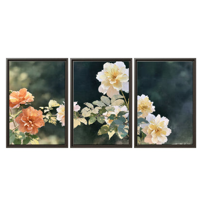 White and peach roses with green leaves against a deep blue-green background 3 piece framed canvas wall art viewed straight on