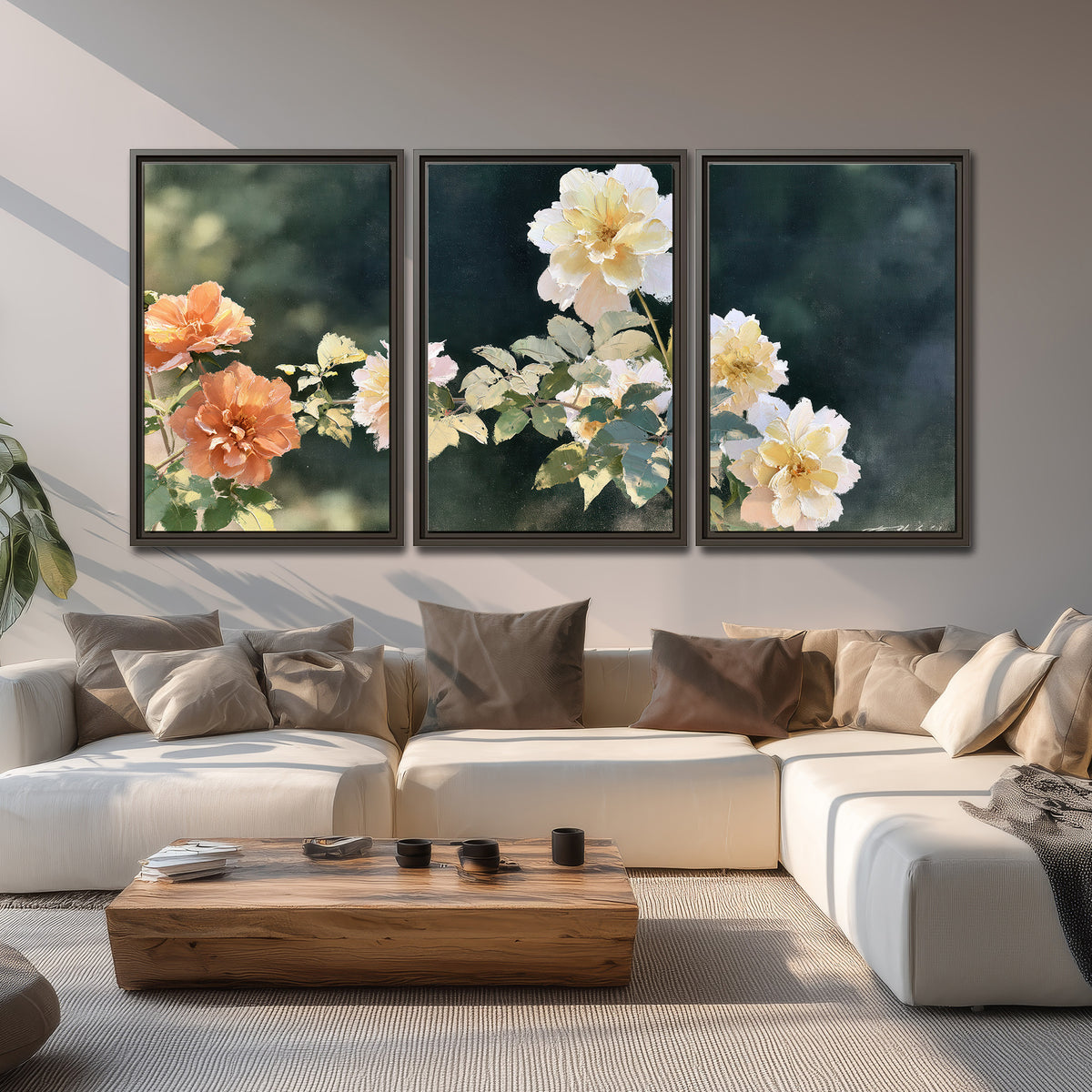 White and peach roses with green leaves against a deep blue-green background 3 piece framed canvas wall art displayed in a living room