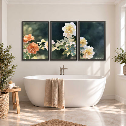 White and peach roses with green leaves against a deep blue-green background 3 piece framed canvas wall art styled in an interior