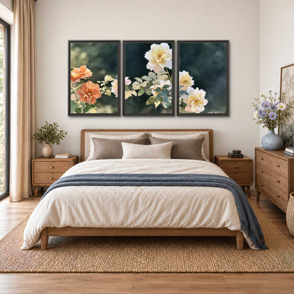 White and peach roses with green leaves against a deep blue-green background 3 piece framed canvas wall art styled in an interior