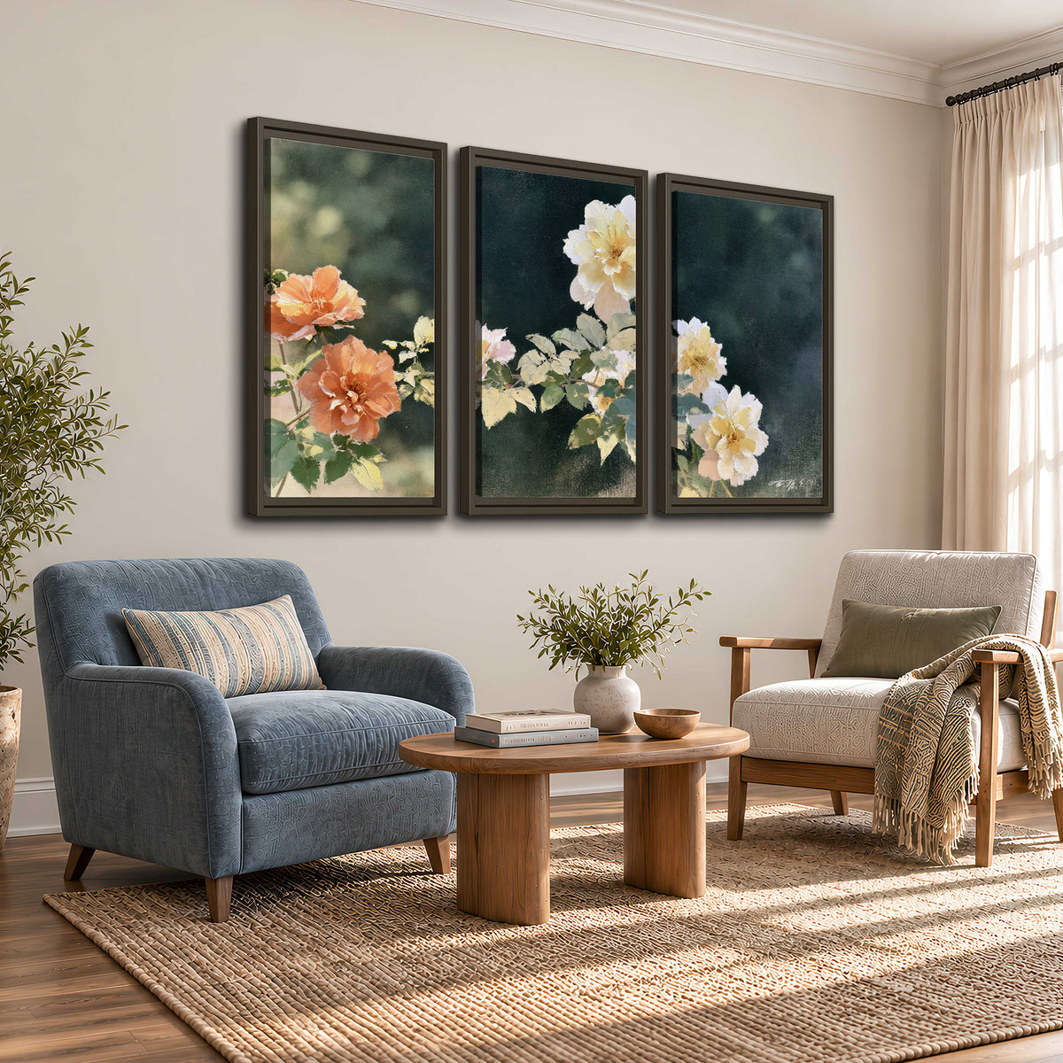 White and peach roses with green leaves against a deep blue-green background 3 piece framed canvas wall art styled in an interior