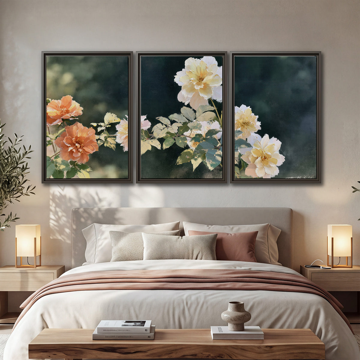 White and peach roses with green leaves against a deep blue-green background 3 piece framed canvas wall art displayed in a bedroom