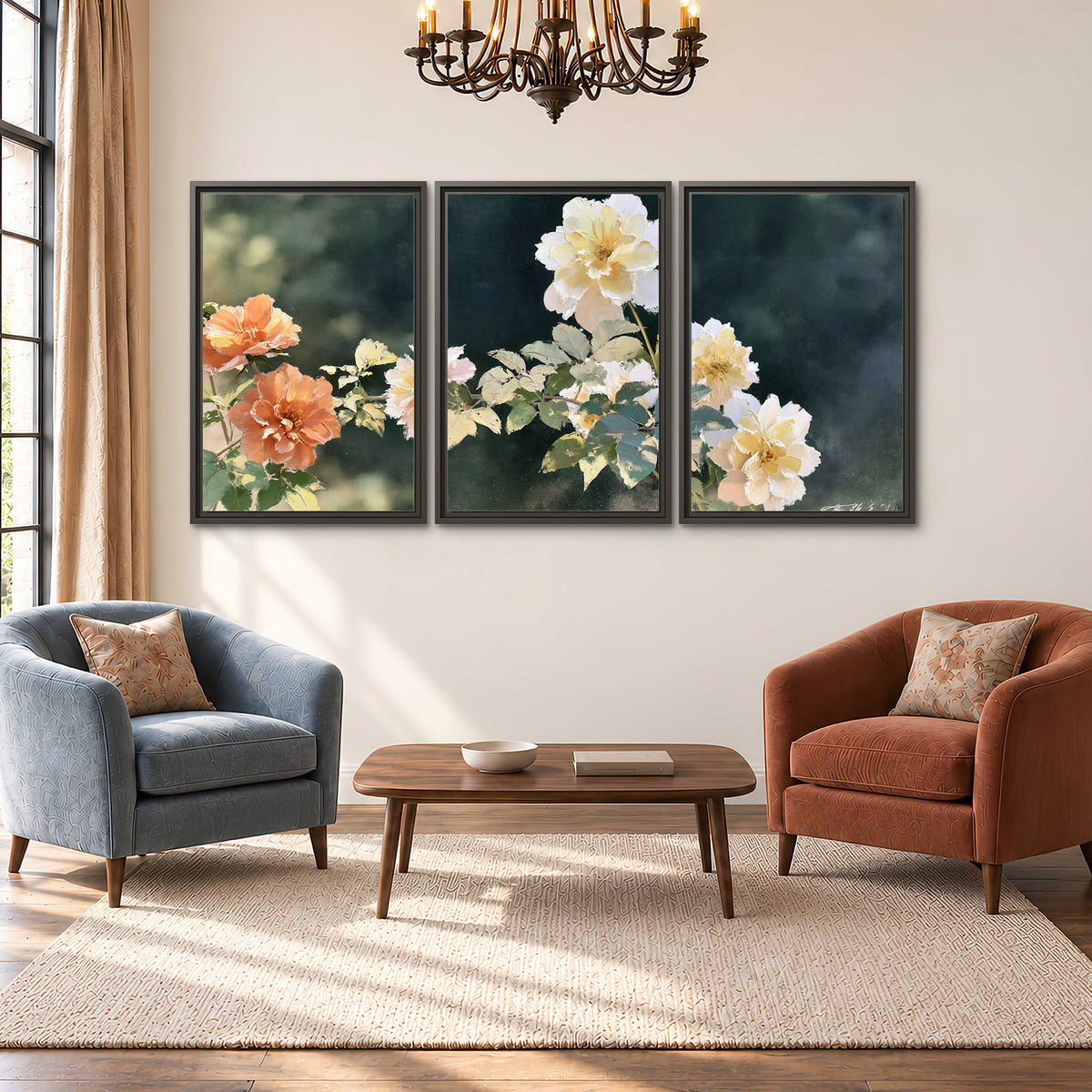 White and peach roses with green leaves against a deep blue-green background 3 piece framed canvas wall art styled in an interior