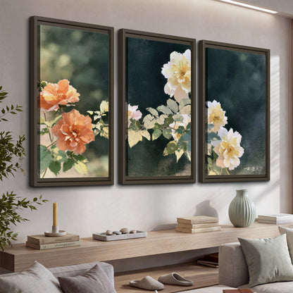 White and peach roses with green leaves against a deep blue-green background 3 piece framed canvas wall art displayed in a console