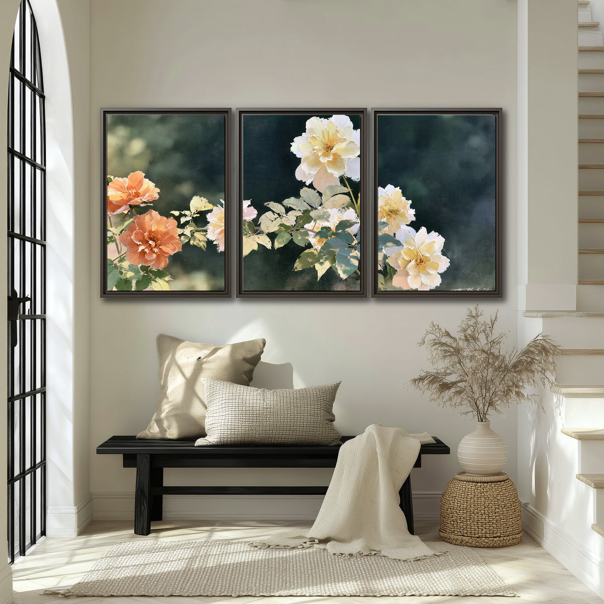 White and peach roses with green leaves against a deep blue-green background 3 piece framed canvas wall art displayed in a entryway