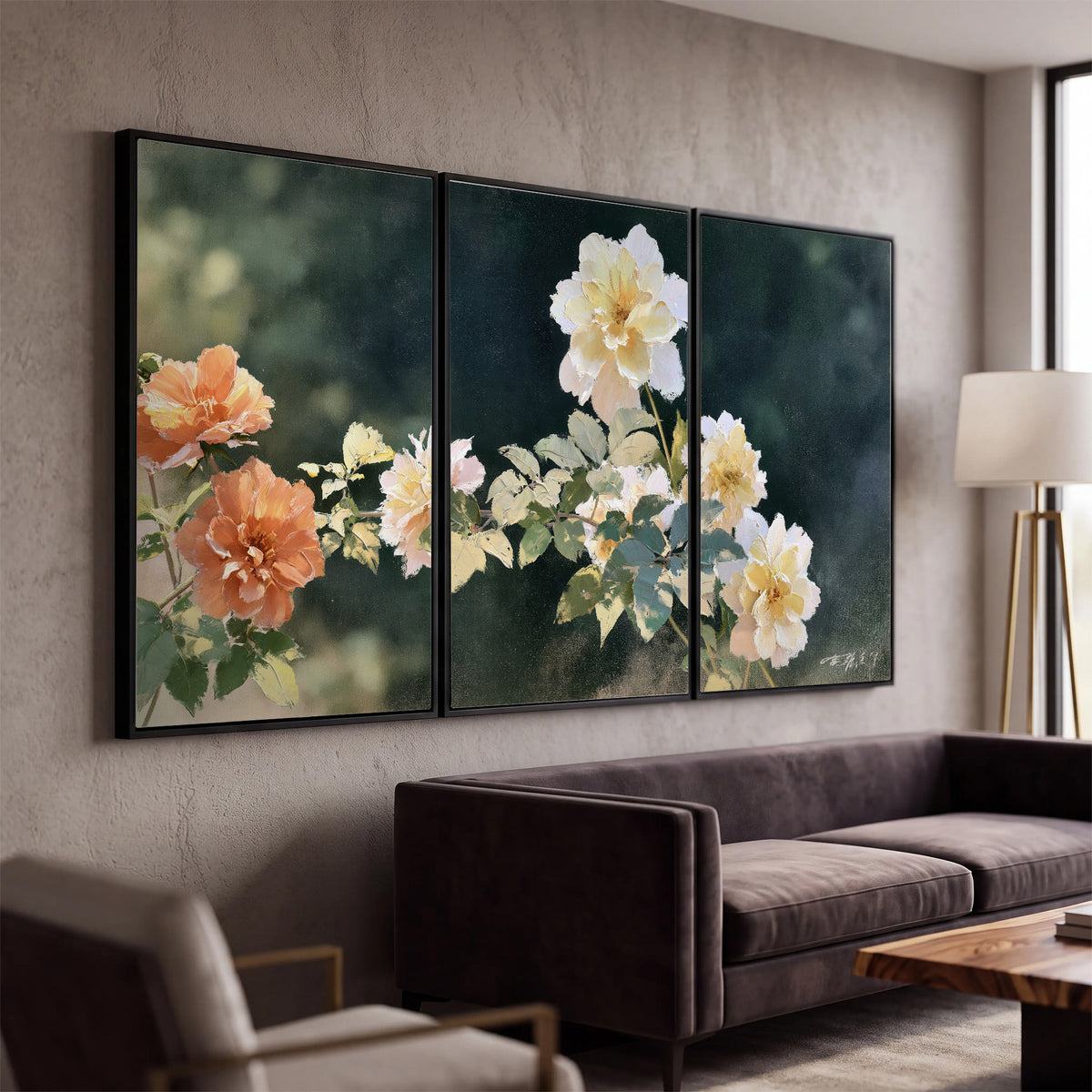 White and peach roses with green leaves against a deep blue-green background 3 piece framed canvas wall art displayed in a modern living room