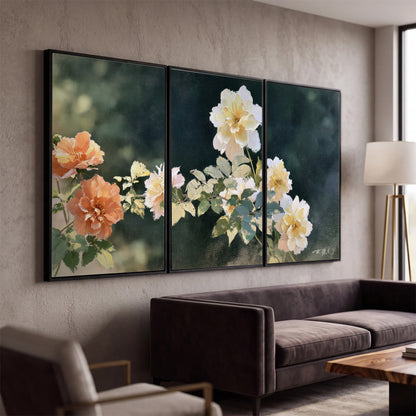 White and peach roses with green leaves against a deep blue-green background 3 piece framed canvas wall art displayed in a modern living room