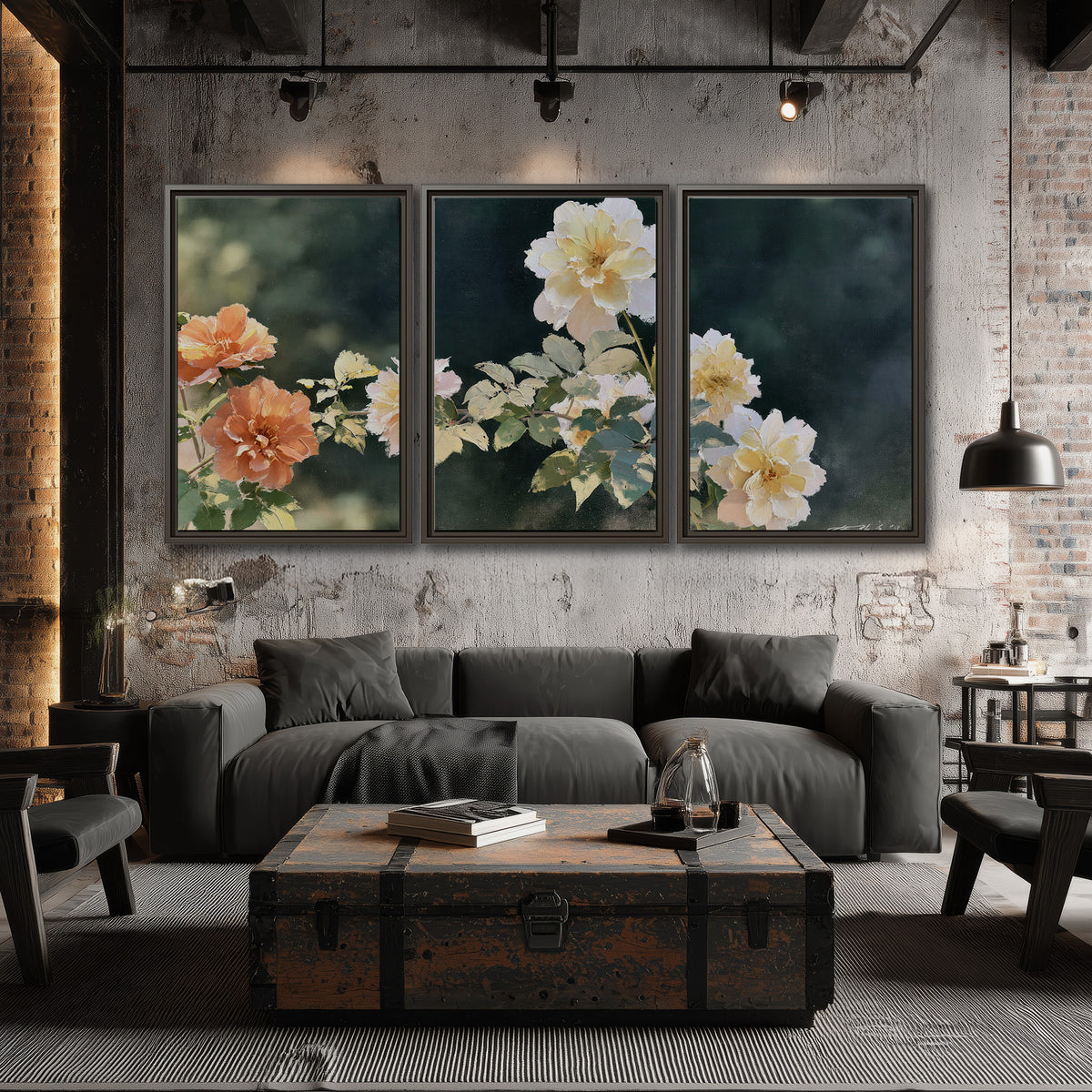 White and peach roses with green leaves against a deep blue-green background 3 piece framed canvas wall art displayed in a industrial room