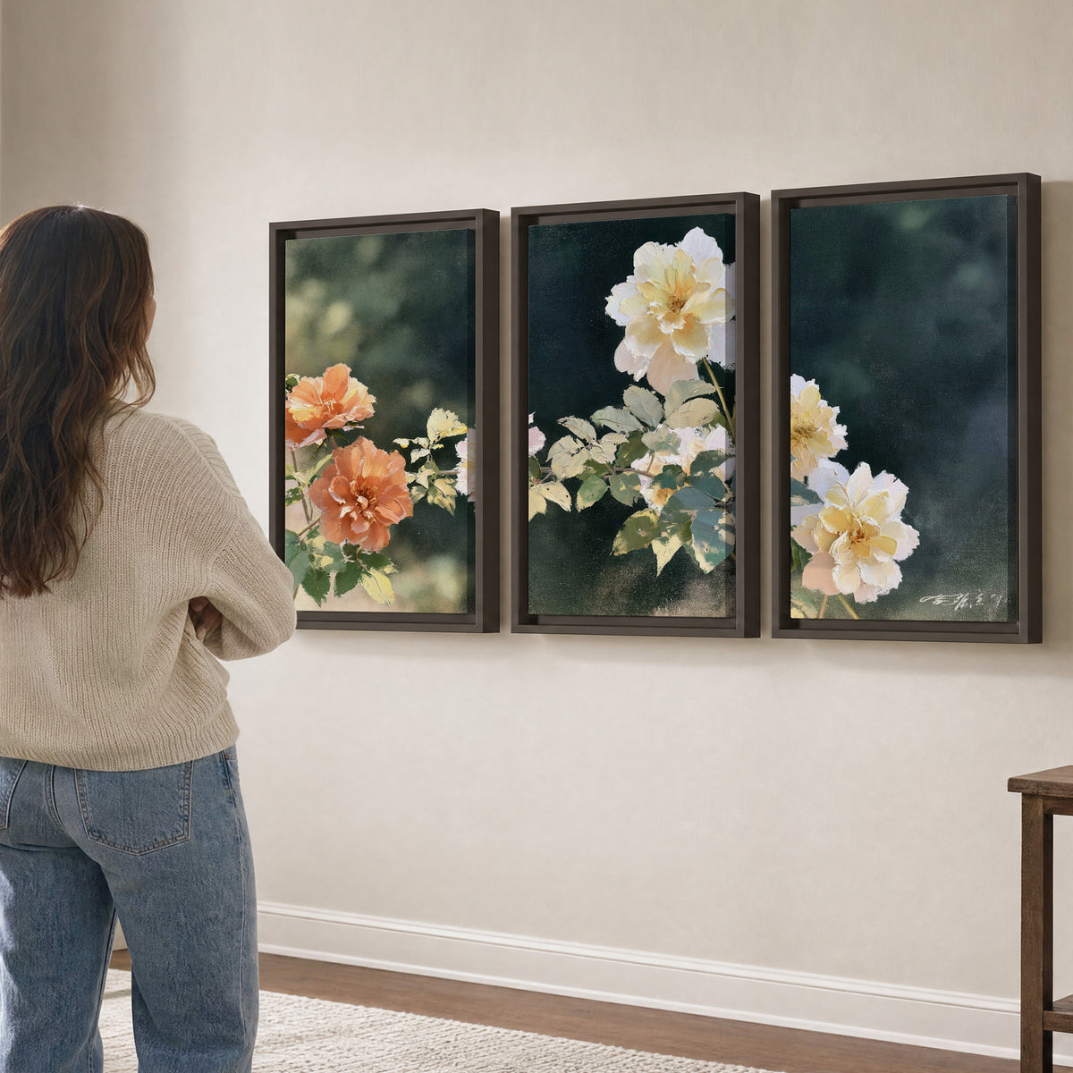 White and peach roses with green leaves against a deep blue-green background 3 piece framed canvas wall art three panel arrangement on a wall