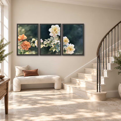 White and peach roses with green leaves against a deep blue-green background 3 piece framed canvas wall art styled in an interior