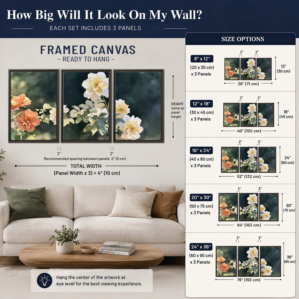 White and peach roses with green leaves against a deep blue-green background 3 piece framed canvas wall art size guide above a sofa; room view is illustrative