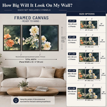 White and peach roses with green leaves against a deep blue-green background 3 piece framed canvas wall art size guide above a sofa; room view is illustrative