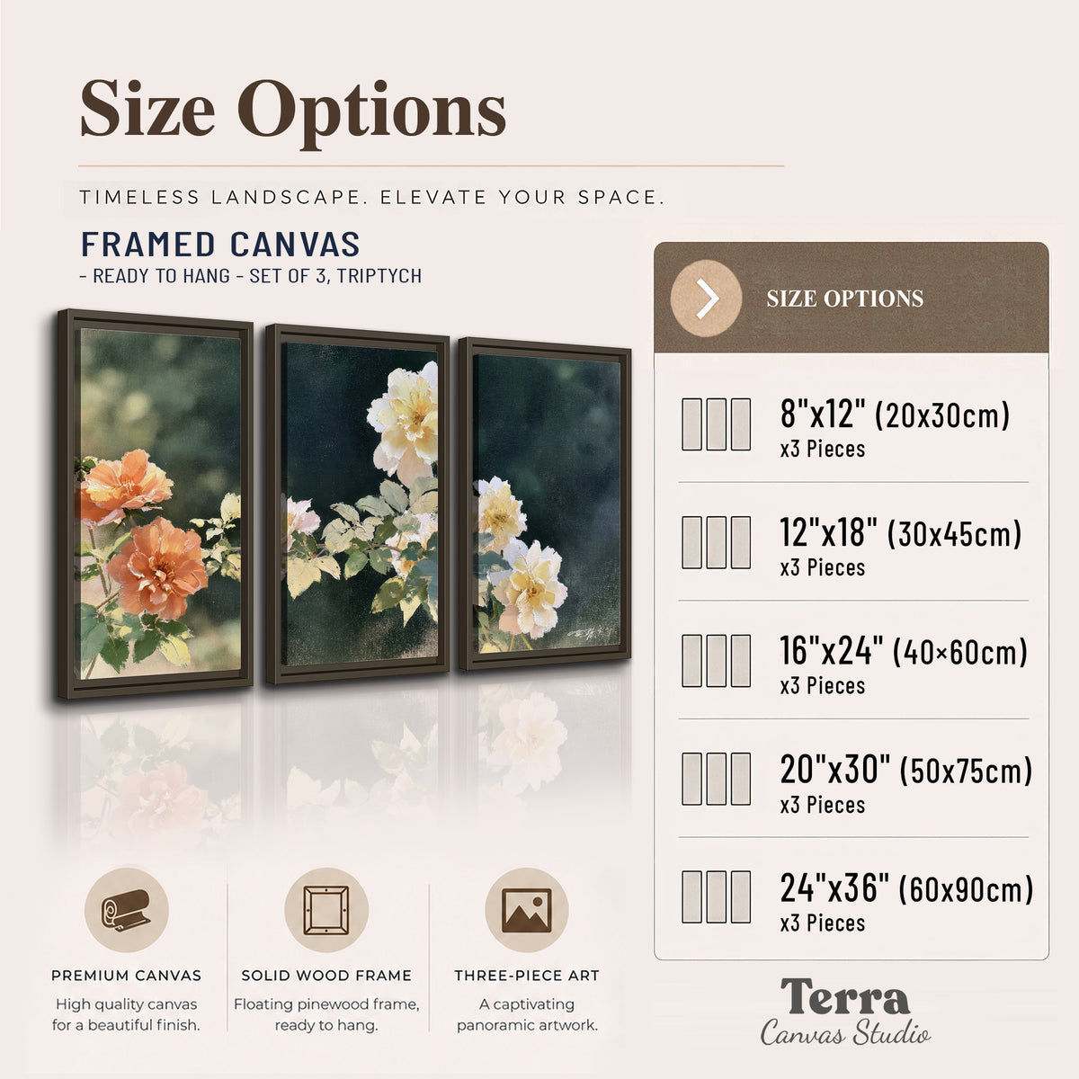 White and peach roses with green leaves against a deep blue-green background 3 piece framed canvas wall art available dimensions; triptych dimensions are per panel