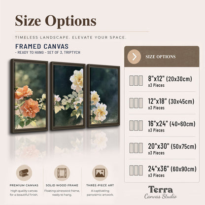 White and peach roses with green leaves against a deep blue-green background 3 piece framed canvas wall art available dimensions; triptych dimensions are per panel