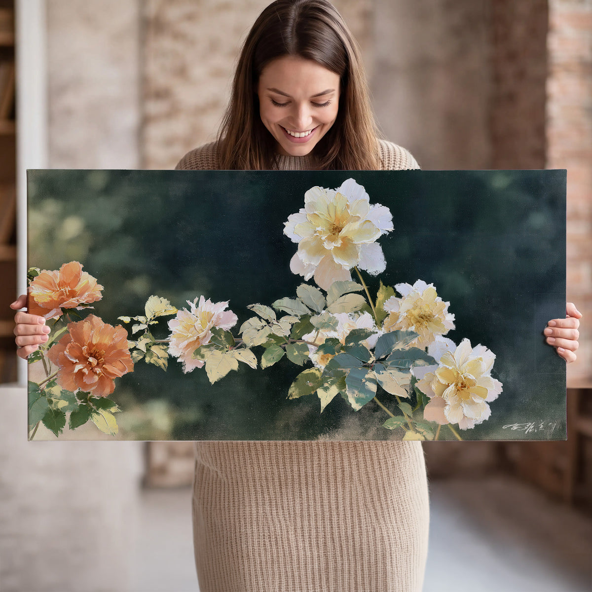 White and peach roses with green leaves against a deep blue-green background single canvas wall art held in hands