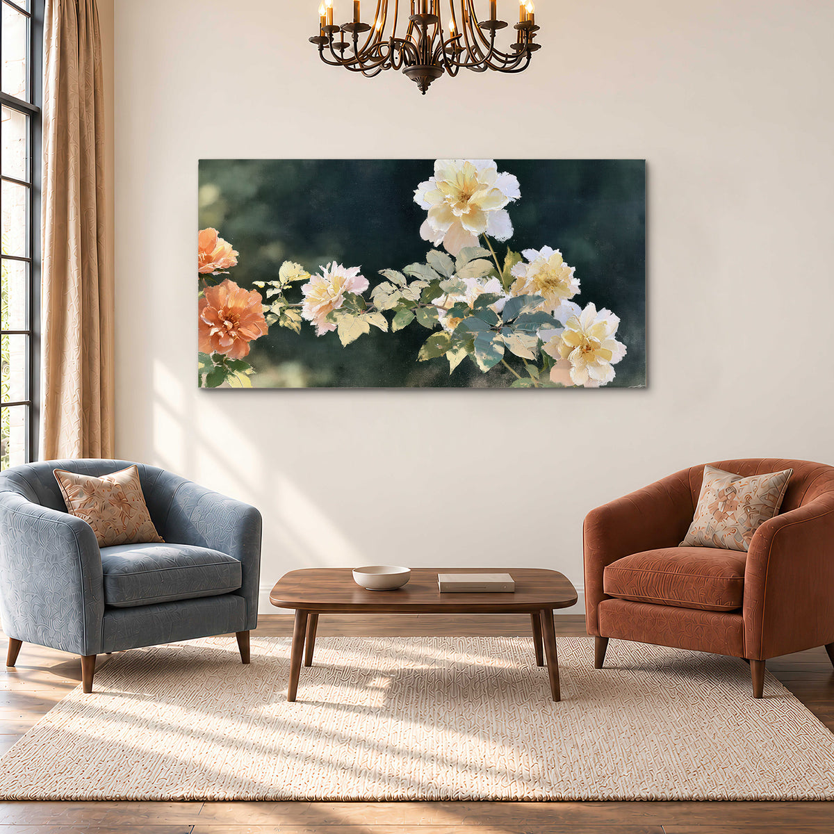 White and peach roses with green leaves against a deep blue-green background single canvas wall art styled in an interior