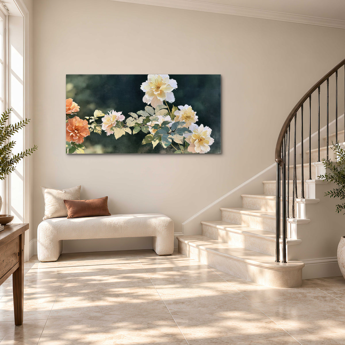 White and peach roses with green leaves against a deep blue-green background single canvas wall art styled in an interior