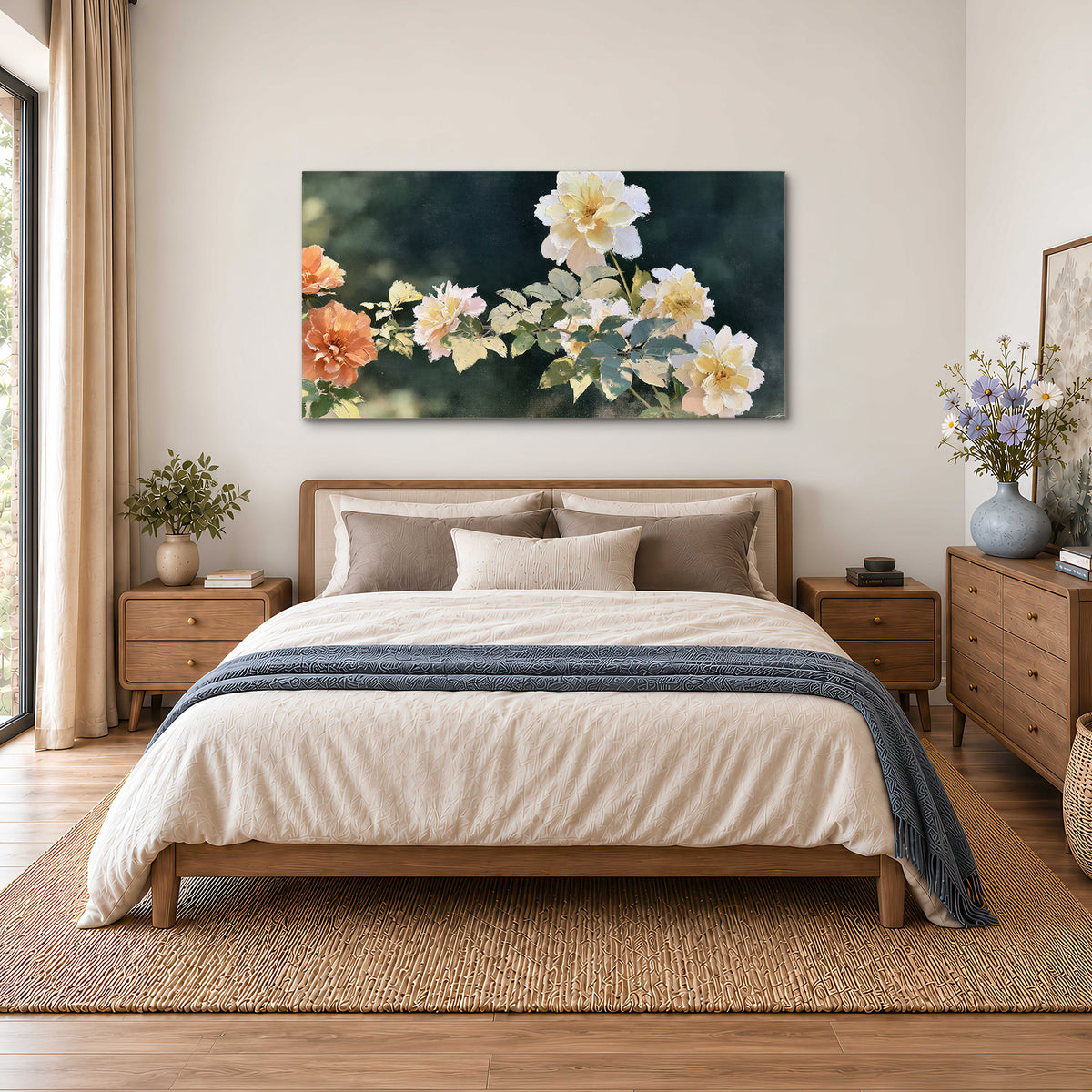 White and peach roses with green leaves against a deep blue-green background single canvas wall art styled in an interior