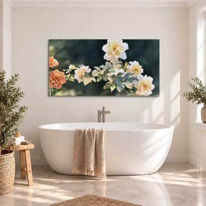 White and peach roses with green leaves against a deep blue-green background single canvas wall art styled in an interior