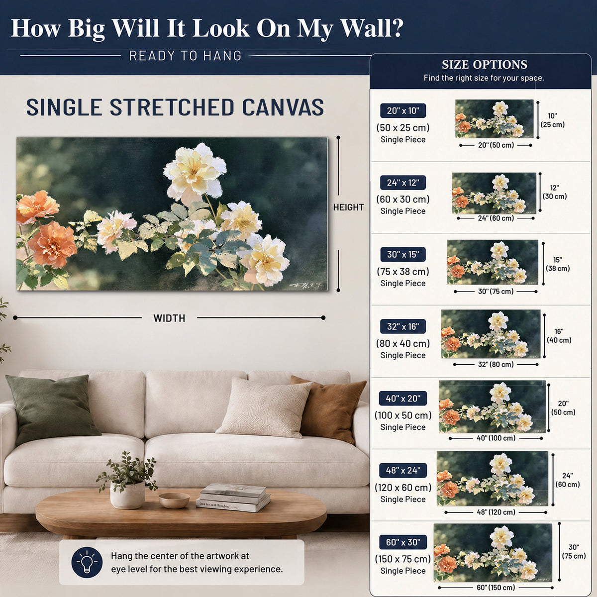 White and peach roses with green leaves against a deep blue-green background single canvas wall art size guide above a sofa; room view is illustrative