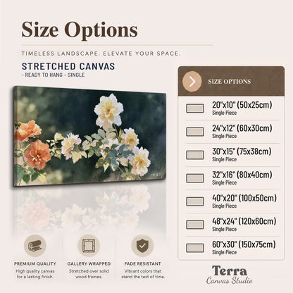 White and peach roses with green leaves against a deep blue-green background single canvas wall art available dimensions
