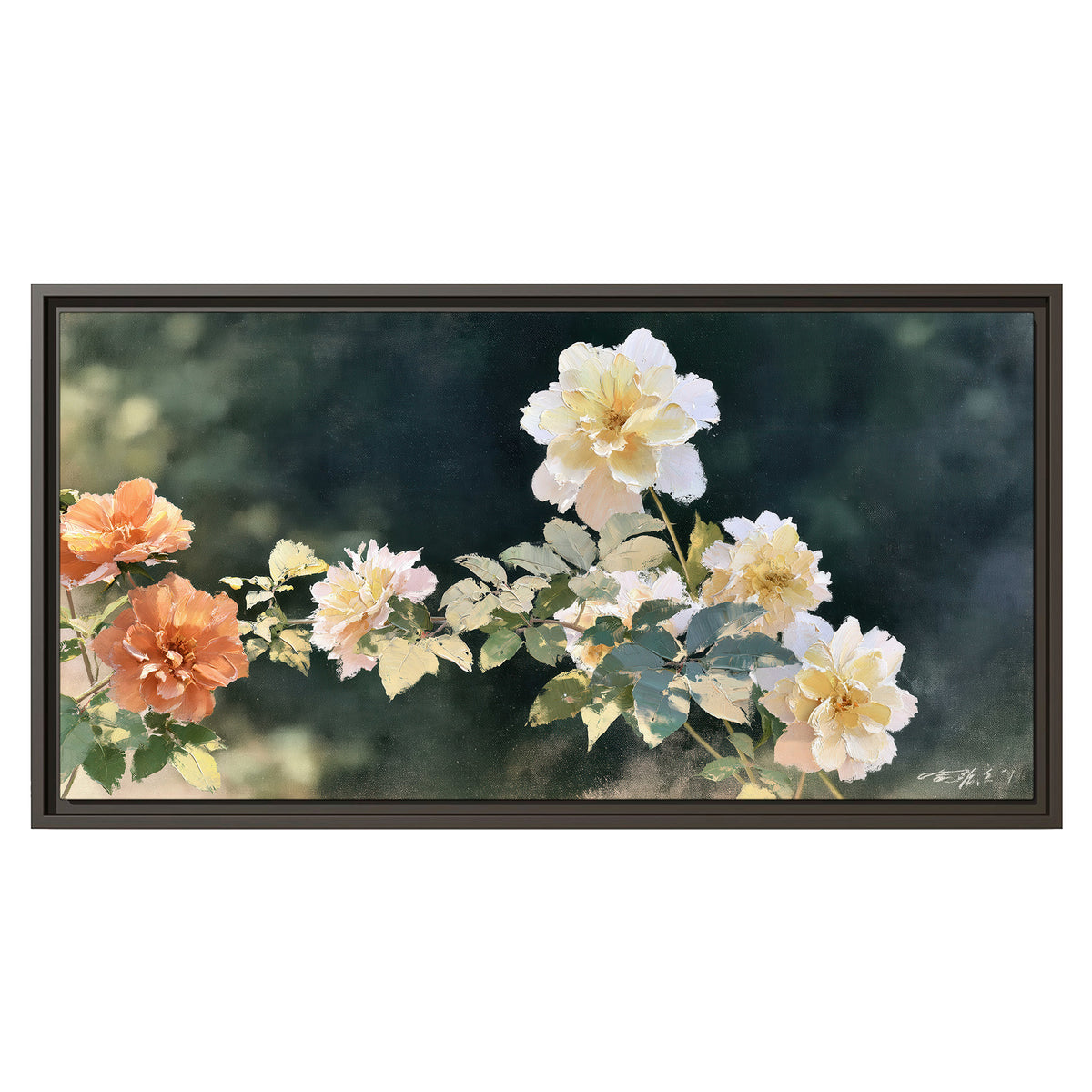 White and peach roses with green leaves against a deep blue-green background single framed canvas wall art viewed straight on