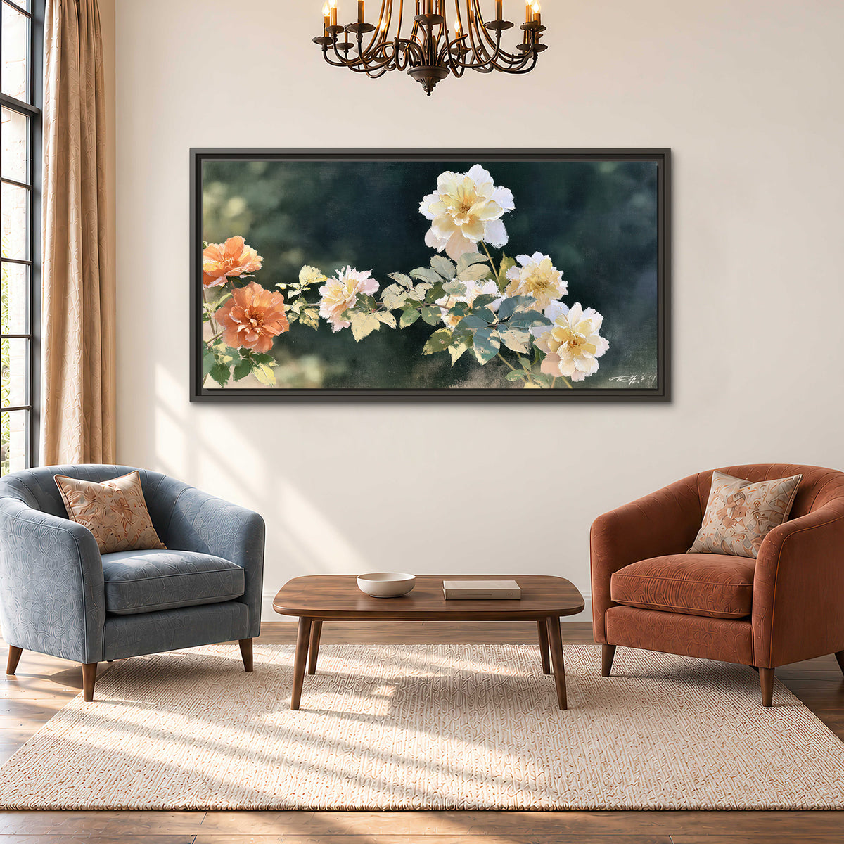 White and peach roses with green leaves against a deep blue-green background single framed canvas wall art styled in an interior
