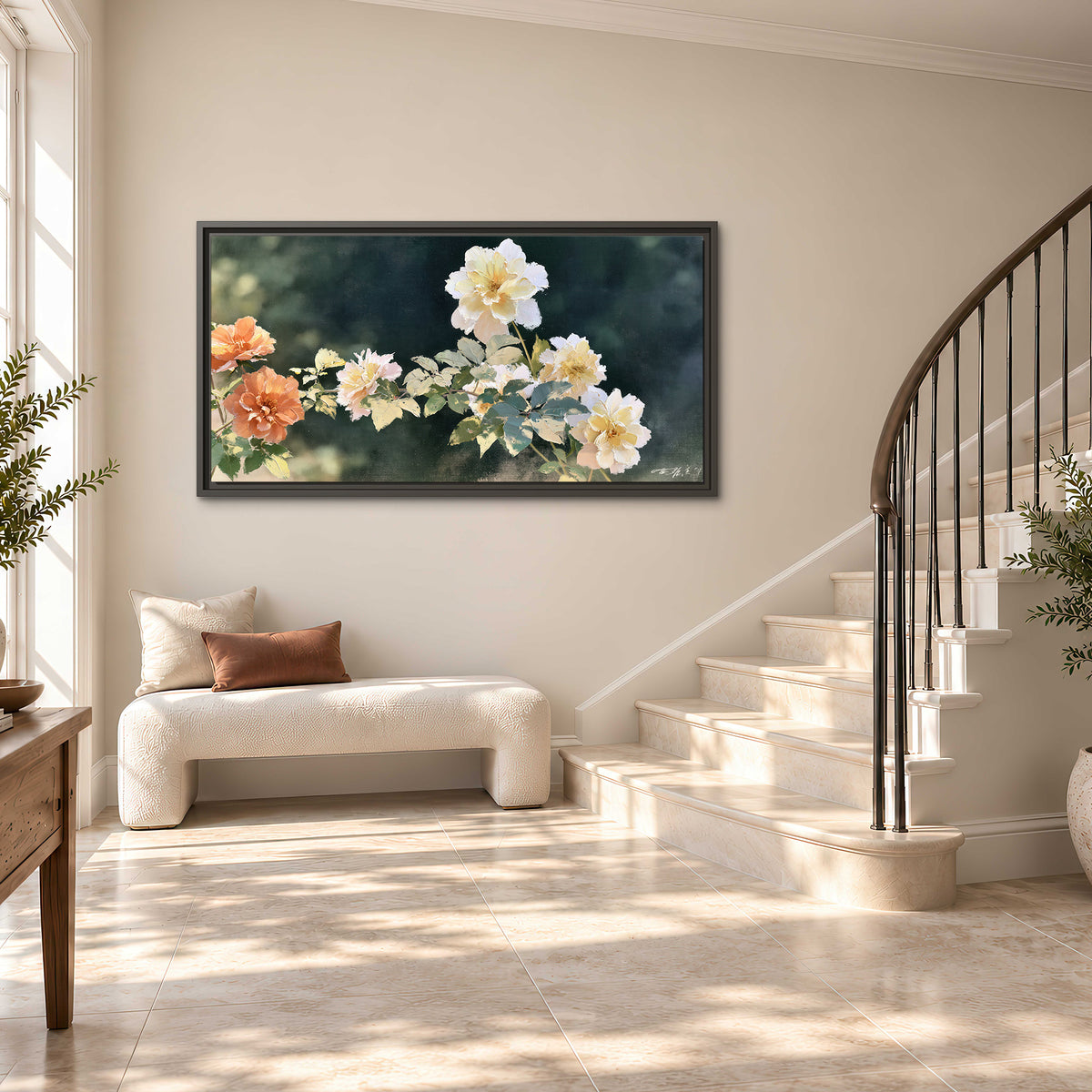 White and peach roses with green leaves against a deep blue-green background single framed canvas wall art styled in an interior