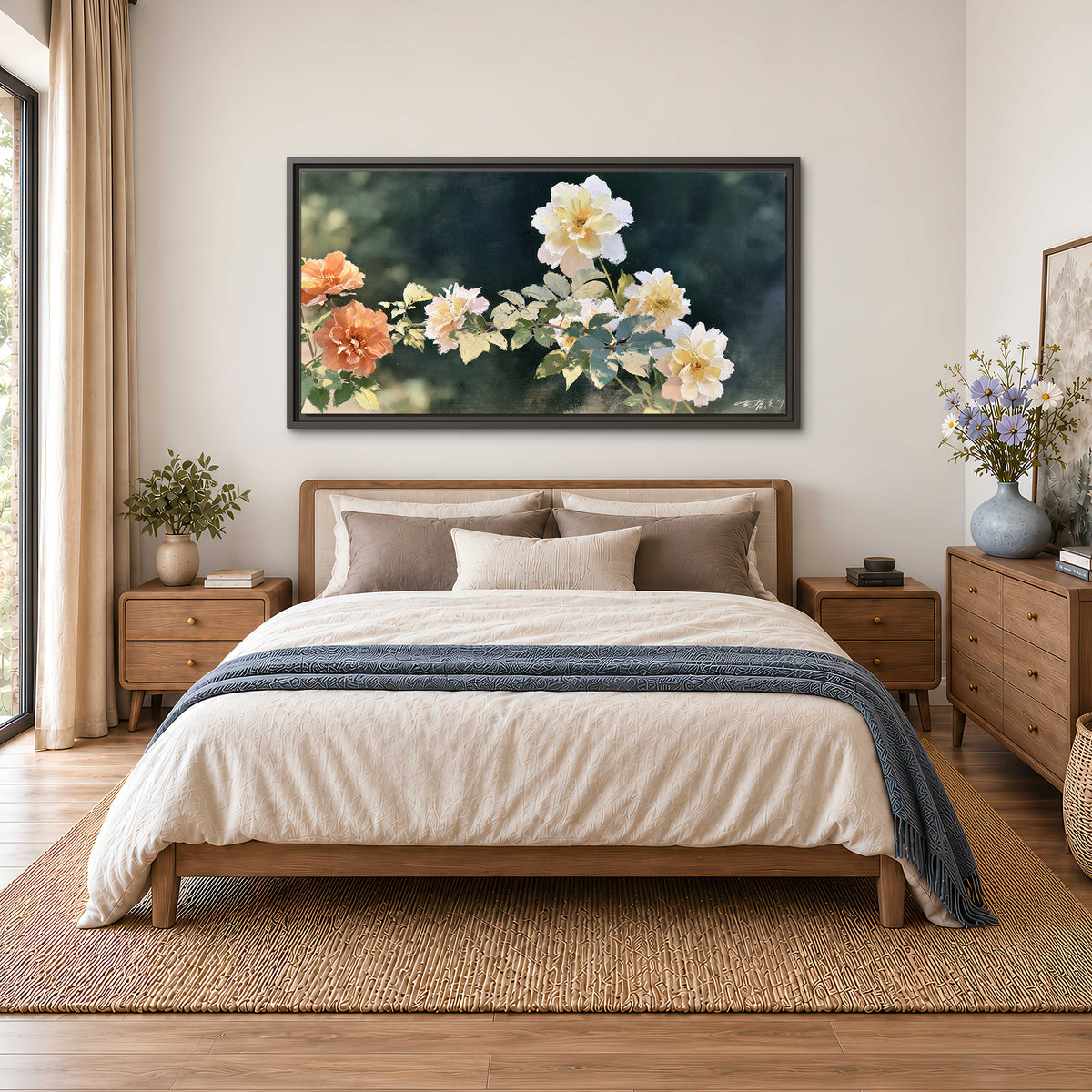 White and peach roses with green leaves against a deep blue-green background single framed canvas wall art styled in an interior