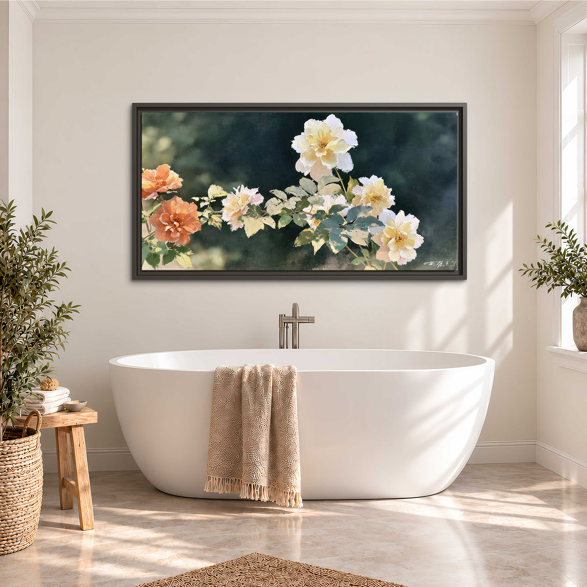 White and peach roses with green leaves against a deep blue-green background single framed canvas wall art styled in an interior