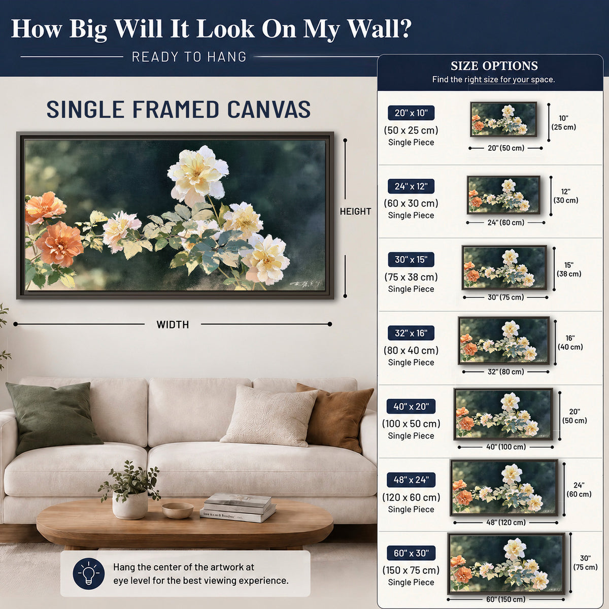 White and peach roses with green leaves against a deep blue-green background single framed canvas wall art size guide above a sofa; room view is illustrative