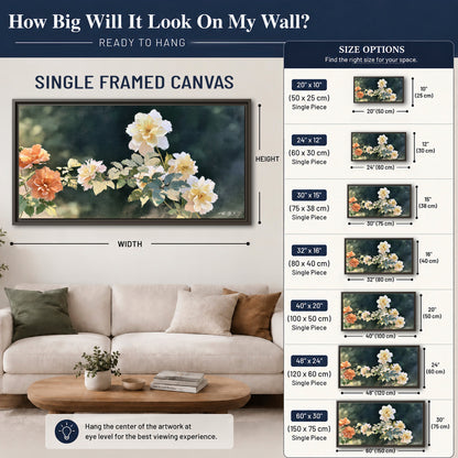 White and peach roses with green leaves against a deep blue-green background single framed canvas wall art size guide above a sofa; room view is illustrative
