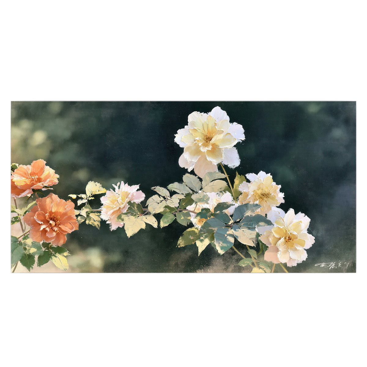 White and peach roses with green leaves against a deep blue-green background single poster print viewed straight on