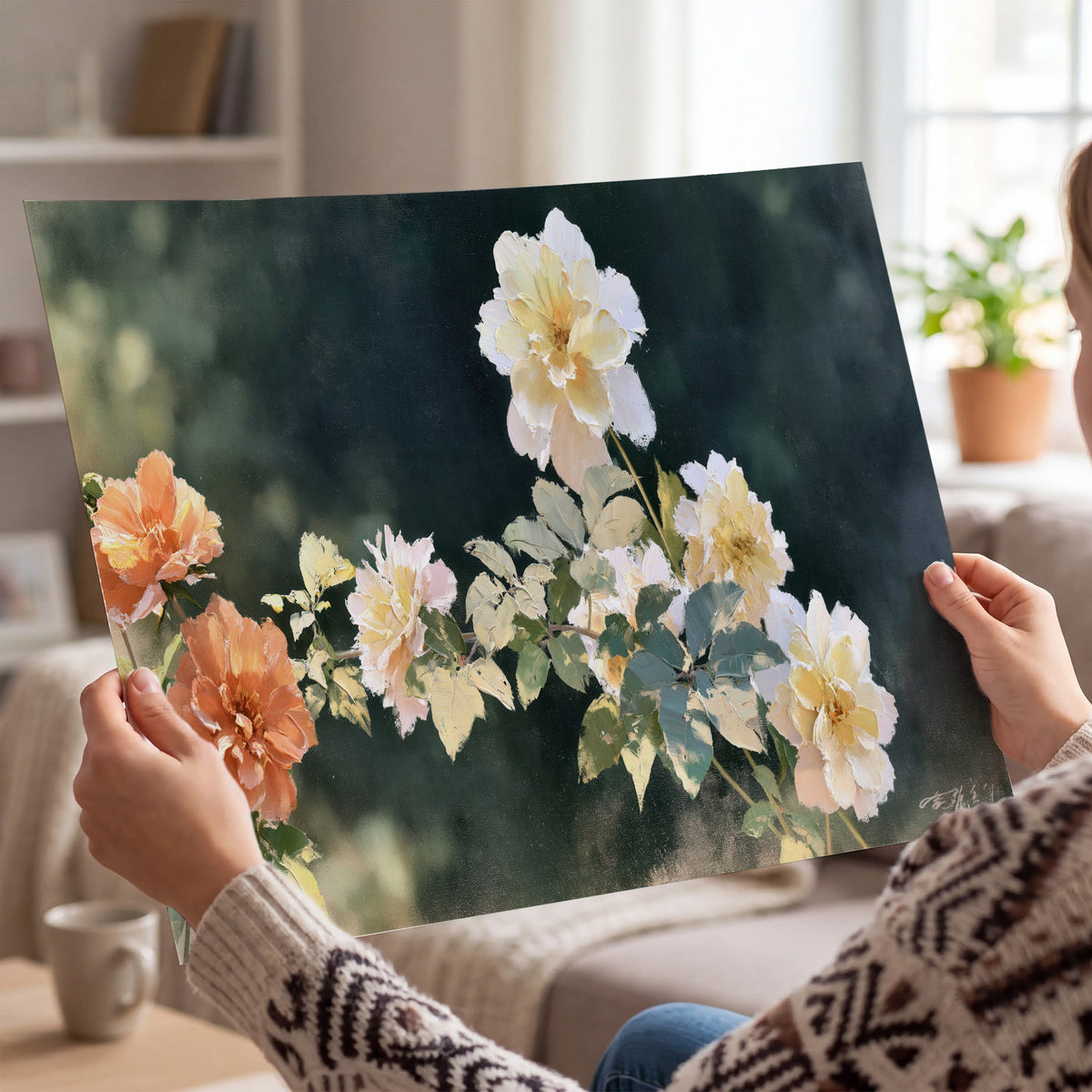 White and peach roses with green leaves against a deep blue-green background single poster print held in hands