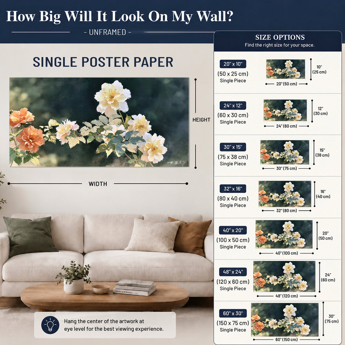White and peach roses with green leaves against a deep blue-green background single poster print size guide above a sofa; room view is illustrative