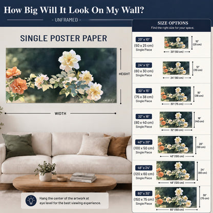 White and peach roses with green leaves against a deep blue-green background single poster print size guide above a sofa; room view is illustrative