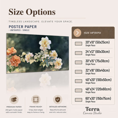 White and peach roses with green leaves against a deep blue-green background single poster print available dimensions
