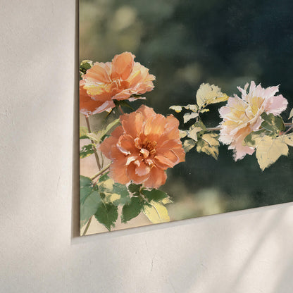 White and peach roses with green leaves against a deep blue-green background set of 3 poster prints material and edge close up