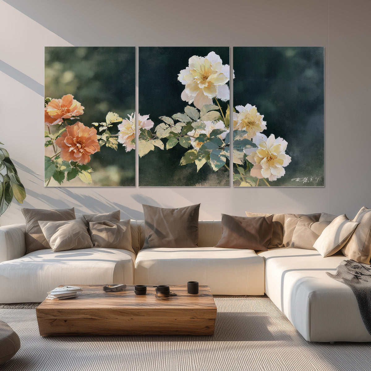 White and peach roses with green leaves against a deep blue-green background set of 3 poster prints displayed in a living room