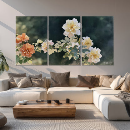 White and peach roses with green leaves against a deep blue-green background set of 3 poster prints displayed in a living room