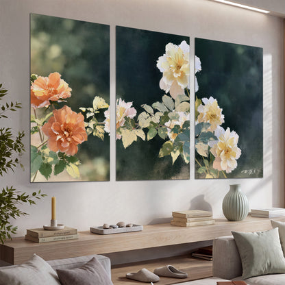 White and peach roses with green leaves against a deep blue-green background set of 3 poster prints displayed in a console