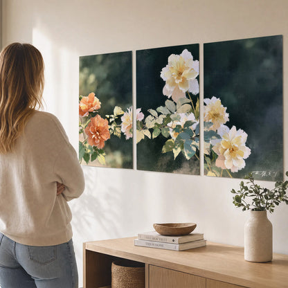 White and peach roses with green leaves against a deep blue-green background set of 3 poster prints three panel arrangement on a wall