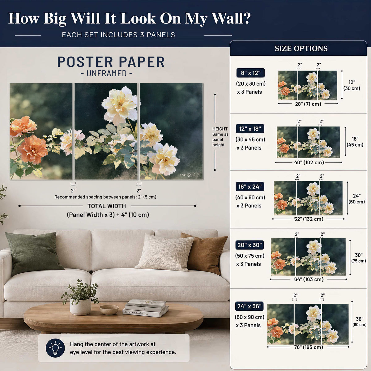 White and peach roses with green leaves against a deep blue-green background set of 3 poster prints size guide above a sofa; room view is illustrative