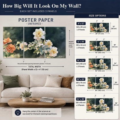 White and peach roses with green leaves against a deep blue-green background set of 3 poster prints size guide above a sofa; room view is illustrative