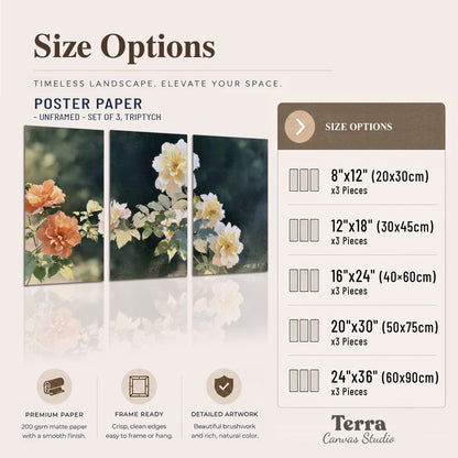 White and peach roses with green leaves against a deep blue-green background set of 3 poster prints available dimensions; triptych dimensions are per panel