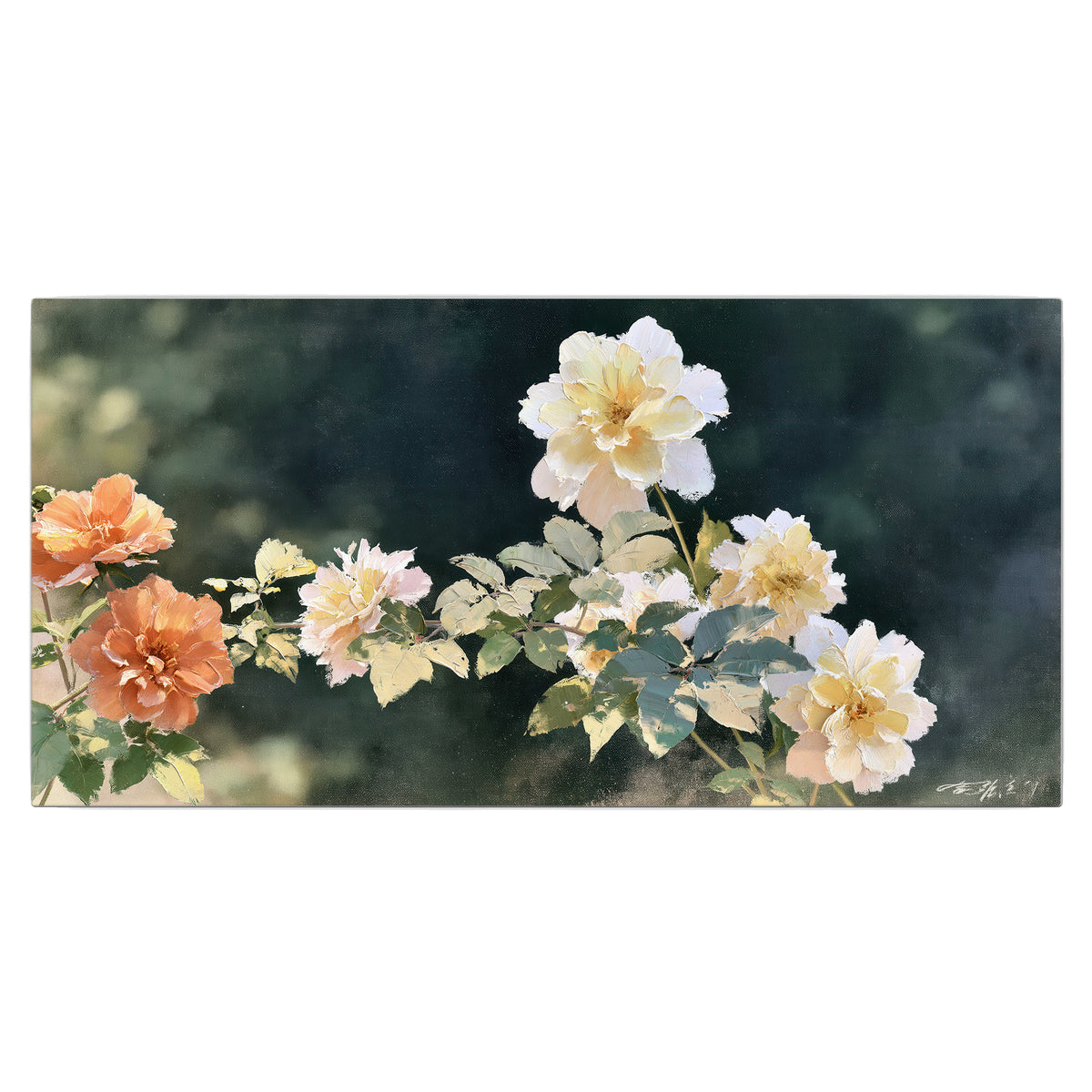 White and peach roses with green leaves against a deep blue-green background single canvas wall art viewed straight on