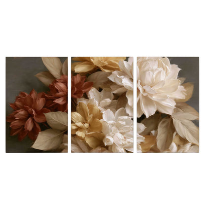 Full cream and rust-colored peonies in a softly shadowed still-life arrangement 3 piece canvas wall art viewed straight on