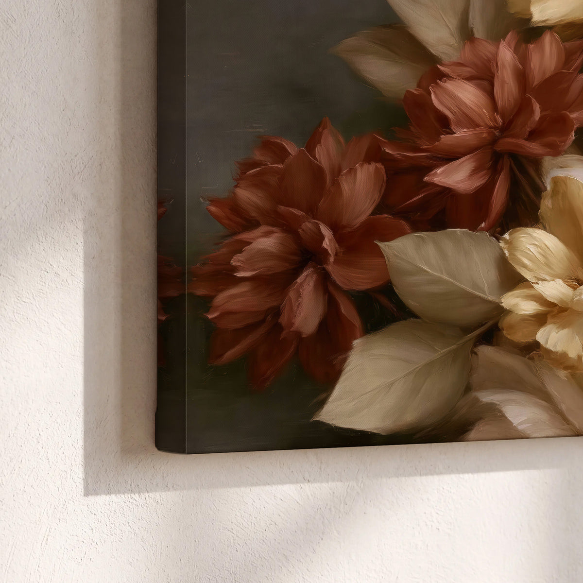 Full cream and rust-colored peonies in a softly shadowed still-life arrangement 3 piece canvas wall art material and edge close up