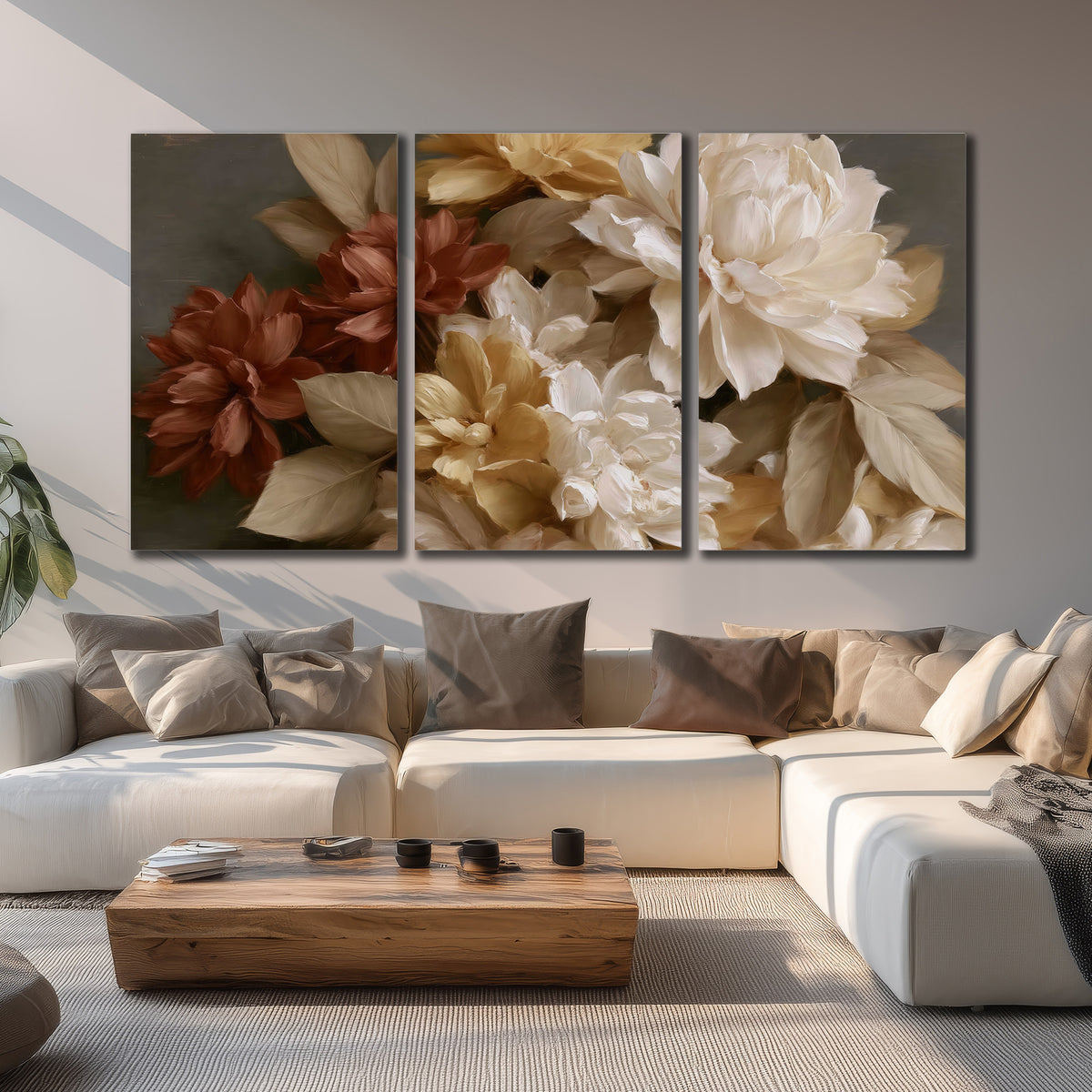 Full cream and rust-colored peonies in a softly shadowed still-life arrangement 3 piece canvas wall art displayed in a living room