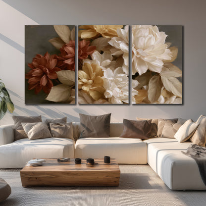 Full cream and rust-colored peonies in a softly shadowed still-life arrangement 3 piece canvas wall art displayed in a living room